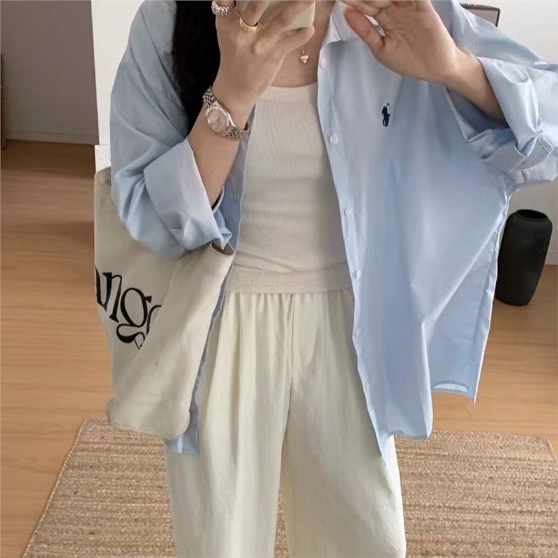 Casual blue loose-fitting shirt top, 2024 Korean style new versatile embroidered long-sleeved shirt jacket, Instagram style.