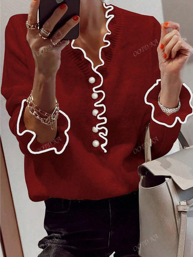 European and American independent station new autumn lace design long-sleeved V-neck all-match clothes for women's light luxury