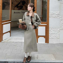 实拍气质复古毛呢套装裙女秋冬季2026年新款大方得体半身裙两件套