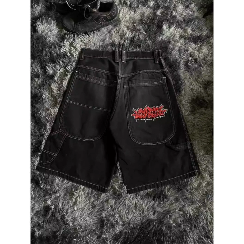 Уличные шорты Y2K для трансграничной электронной коммерции, свободные джинсовые шорты в стиле ретро в стиле хип-хоп с карманами и буквами, мужские шорты с высокой талией