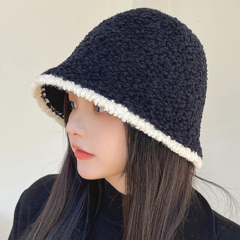 Korean version of the contrast color side plush bucket hat children autumn and winter fashion fisherman hat face small warm basin hat spot wholesale