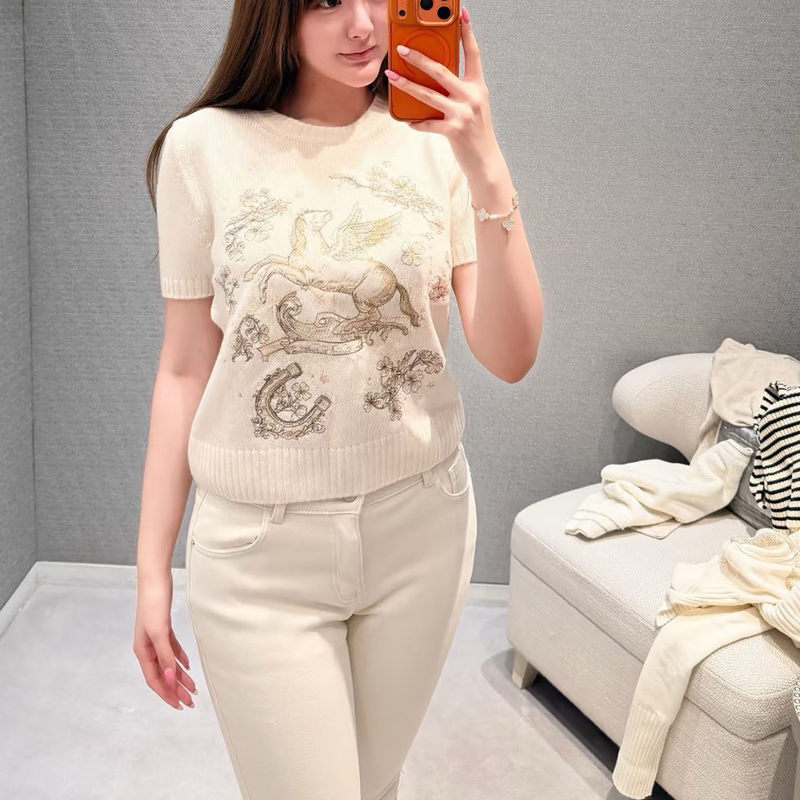 Nanyou High-End Exquisite and Elegant Woolen Flying Horse Embroidery Jacquard Round Neck Knitted Short-Sleeve Sweater in Stock