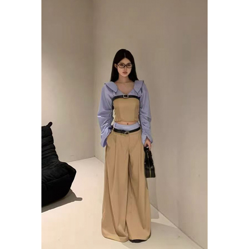 ins纯欲风抹胸假两件条纹拼接长袖衬衫休闲阔腿裤早春穿搭一整套