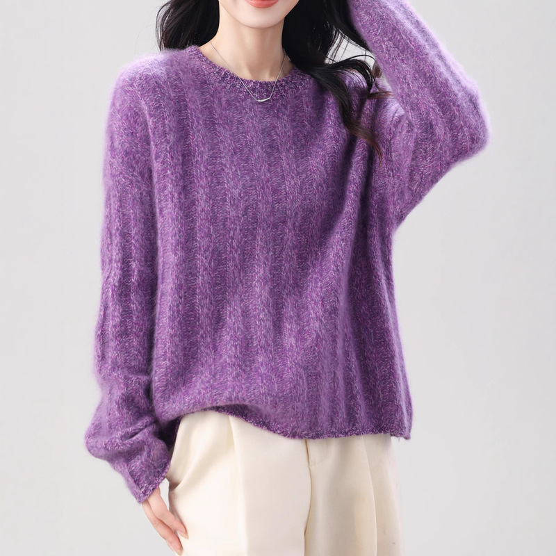 Autumn and Winter New Style Long-Haired Fleece Sweater with 5% Cashmere and 95% Wool for Women, Thickened Round Neck Ribbed Long-Sleeve Versatile Top