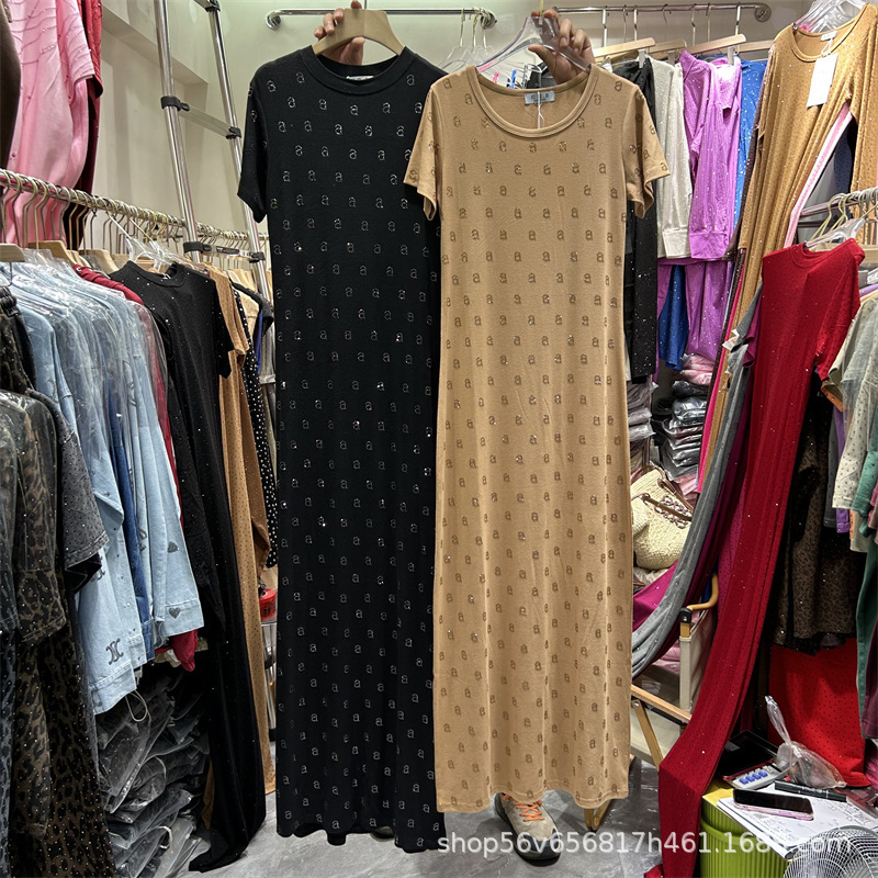 Summer Short-Sleeve Round-Neck Slim-Fit Dress with Heavy-Duty Rhinestone Lettering, Long Pullover Dress for Women, 2026 New Model
