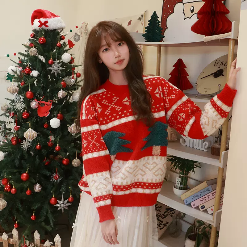 秋冬圣诞毛衣新款提花针织毛衣卡通圣诞图案慵懒风圆领套头长衫