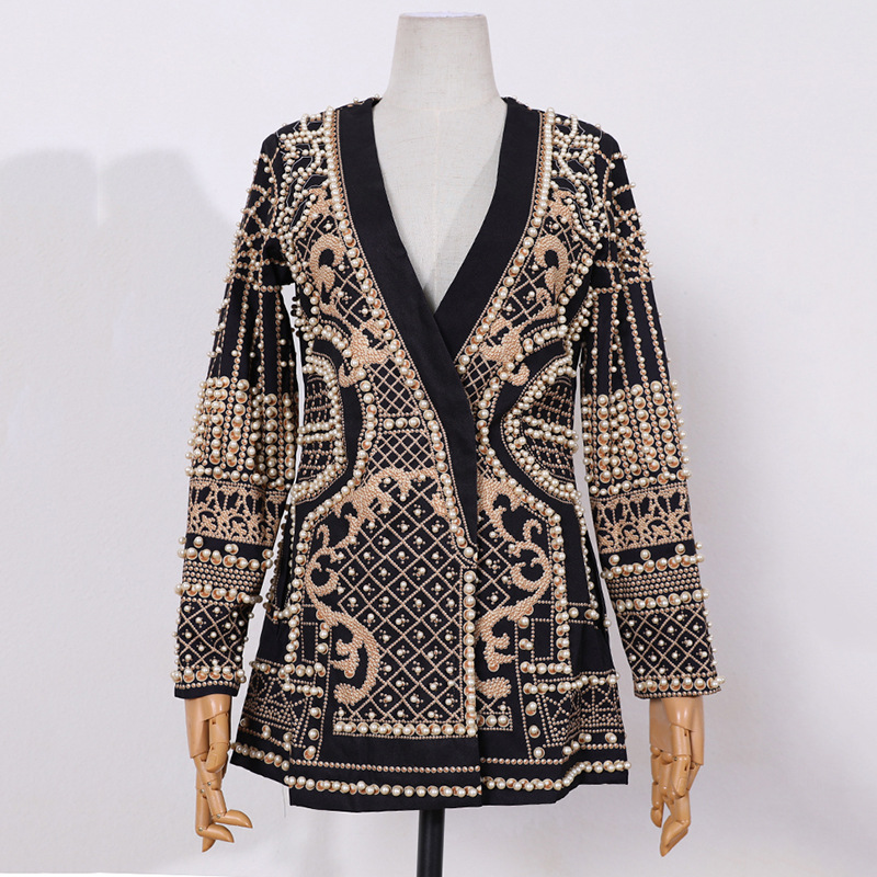 Women's Fashion Geometric Beaded Hidden Buckle Coat Blazer display picture 1
