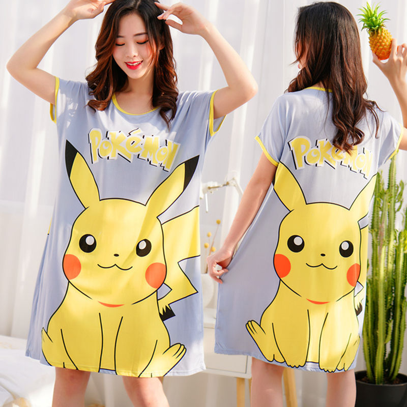 Camisón de las mujeres del verano Delgado manga corta nueva línea rojo estilo pijamas dibujos animados lindo señoras vestido flojo desgaste hogar