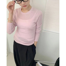 粉色圆领打底毛衣女2026早秋薄款内搭正肩上衣长袖针织衫早秋穿搭