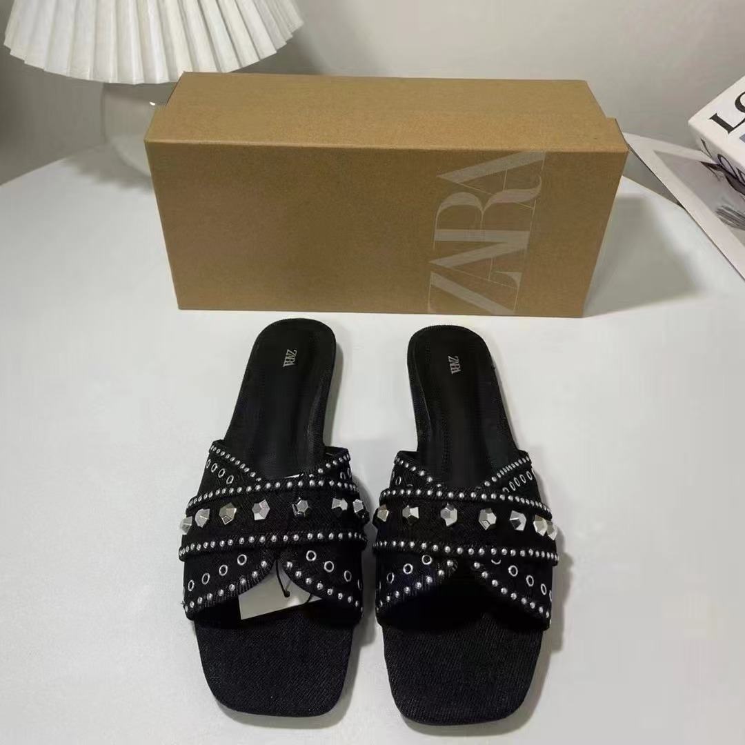 Za Home 2025 Summer New Women's Shoes Blue Denim Shiny Decorative Flat Sandals Open Toe Vacation Easiest for Match Slippers