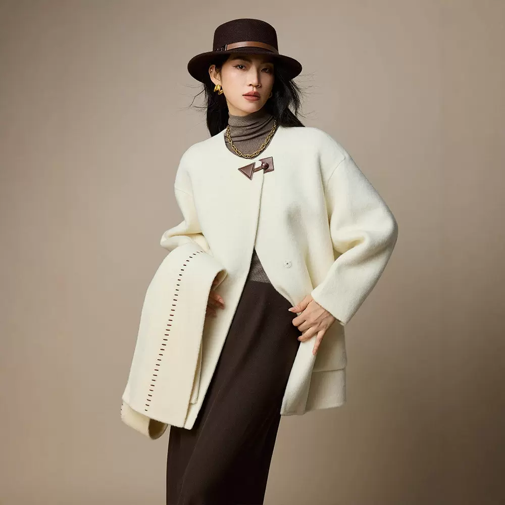 设计感时尚双面羊毛大衣女围脖毛呢外套25新款冬季女装中长款呢子