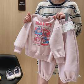 2025秋装新品女童卫衣套装儿童拉布布印花上衣蕾丝花边屁帘卫裤