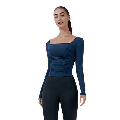 新款秋冬瑜伽服女紧身修身褶皱长袖健身上衣跑步透气运动健身服