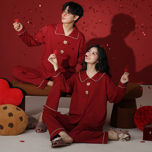 [Pure Cotton] Couple Pajamas Women's Spring Autumn and Winter Newlyweds 2025 New Home Clothes Long Sleeve Red