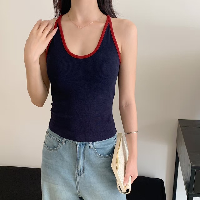 暖小艾588法式挂脖新款辣妹背心女带胸垫纯欲撞色显瘦外穿内搭|undefined