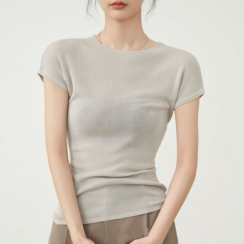 100 Lyocell Simple Comfortable Slim-fit Cool Crewneck Small Sleeve Knitted T-shirt for Women