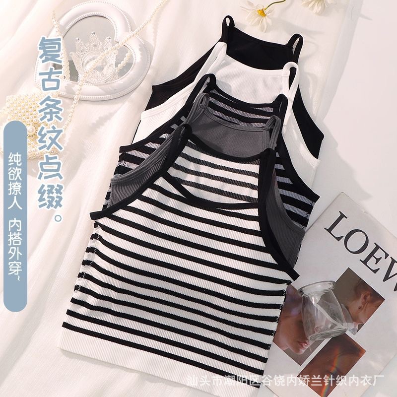 Spring and Summer new hot girl sling design vest integrated with chest pad inner wear beauty back outer wear women's striped tube top