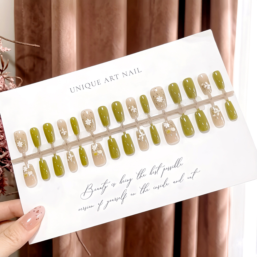 S575-Pre-made Nails: Full-length Blue Sky Floral Design, Fresh, Gentle, Simple, Healing, Brightening, Detachable Nail Pieces