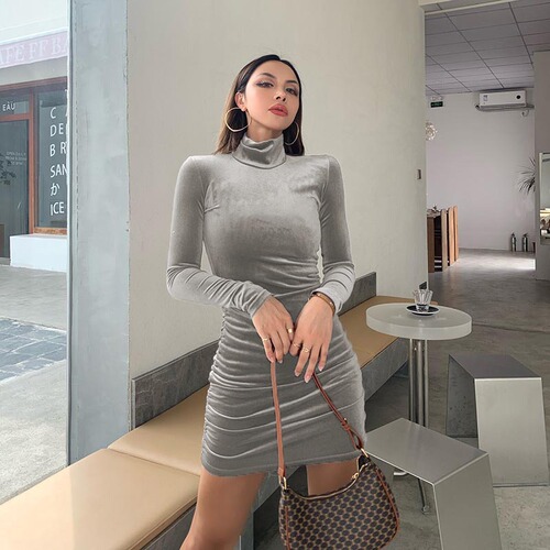 European and American Fashion Long-Sleeve Tailored Dress 2024 Autumn/Winter New High-Neck Shrink Fold Fleece Shrink Fold Dress