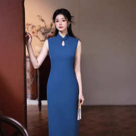 2026夏季新中式旗袍女蓝色无袖年轻款收腰显瘦日常改良旗袍裙批发