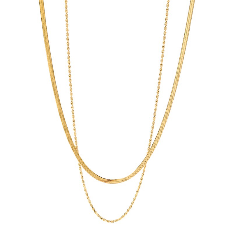 INS estilo clásico collar simple joyería 18K Cadena de hoja chapada en oro Cadena de serpiente plana Cadena de doble capa collar Collar para mujer