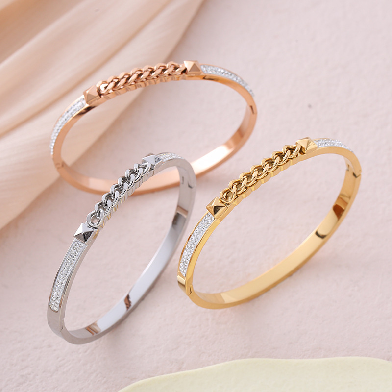 1 Piece Quantity Daily Occasion Stainless Steel Material Casual Simple Style Solid Color Stainless Steel Plating Chain Inlay Rhinestones Bangle