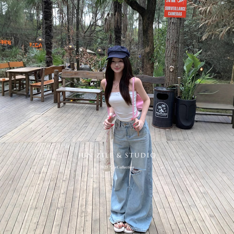 Unique Super Good-looking Jeans Summer Ripped High Waist Slimming Loose Straight Wide Leg Trousers Women Slimming