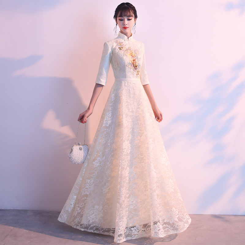 Banquet Evening Dress for Women 2026 New Style Chinese-Style Bridesmaid Dress Chinese Style Long-Sleeve Cheongsam Hostess Dress