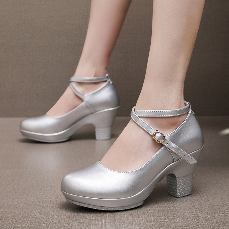 Cross-Strap Adult Outdoor Dance Shoes Thick Heel High Heel Waterproof Platform Medium Heel Square Dance Shoes Model Catwalk Shoes for Women
