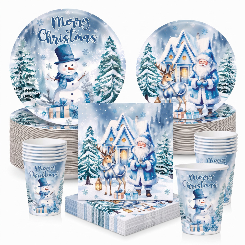 Ice blue Christmas party set: snowman and Santa Claus-themed disposable paper plates, cups, napkins, and tableware