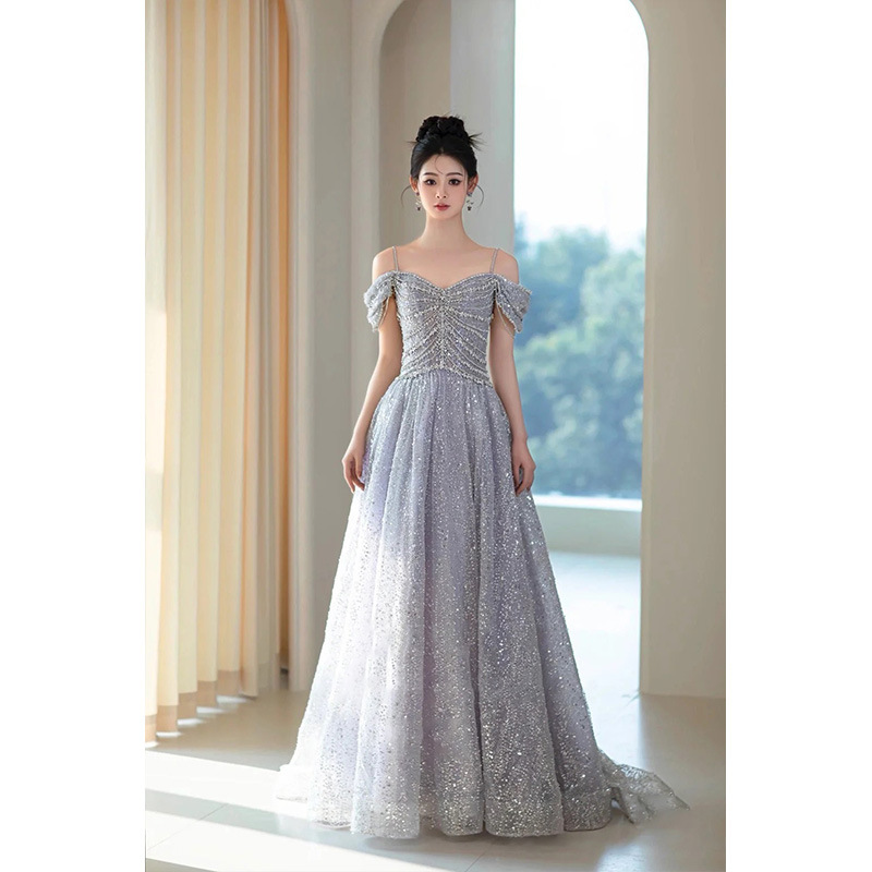 Una palabra hombro vestido de noche mujer 2026 nuevo banquete de rituales de adulto nicho temperamento de alto nivel anfitrión se gradúa image 1