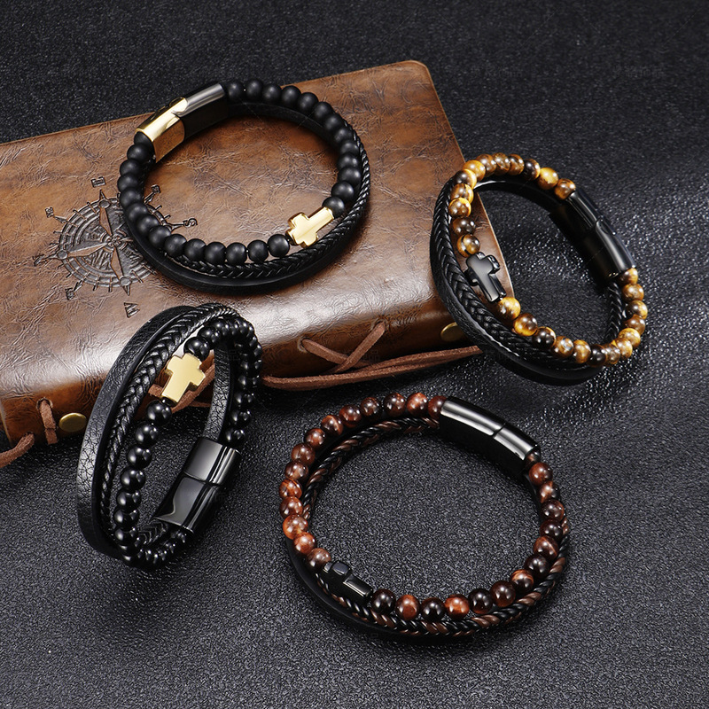 Cross-border Hot Sale Stainless Steel Natural Tiger Eye Agate Stone Cross Bracelet Men's Titanium Steel Multi-layer Woven Leather Bracelet