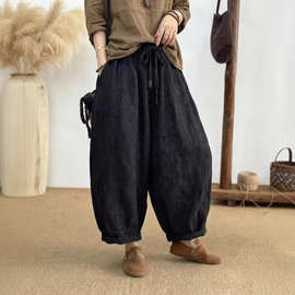 春季新款波点棉麻休闲裤 松紧腰宽松版系带哈伦裤灯笼裤