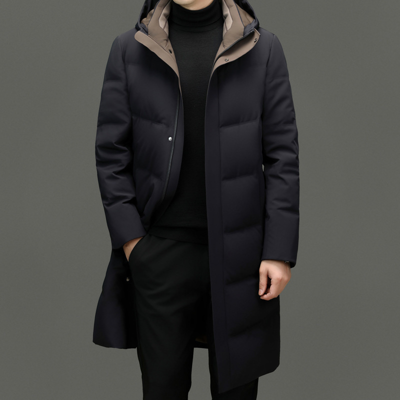 High-End down Jacket for Middle-Aged Men, Business Style, Winter Warm Hooded Long Parka Coat for Men