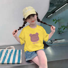 2404#女童小熊T恤夏季纯棉卡通小熊印花百搭印花儿童短袖夏装上衣