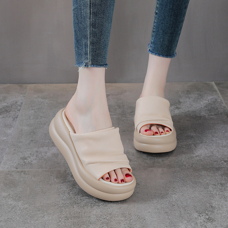 Dép sandal nữ đế xuồng cao gót da bò thật — màu be