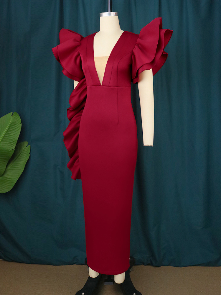 Women's Clothing deep V sexy low cut dress plus size ruffled banquet dress _voghion.com