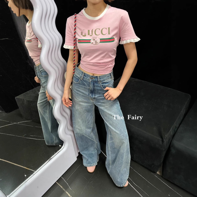 2026 Spring and Summer New Style g Brand Letter-Printed Cotton Round-Neck T-Shirt Top for Women