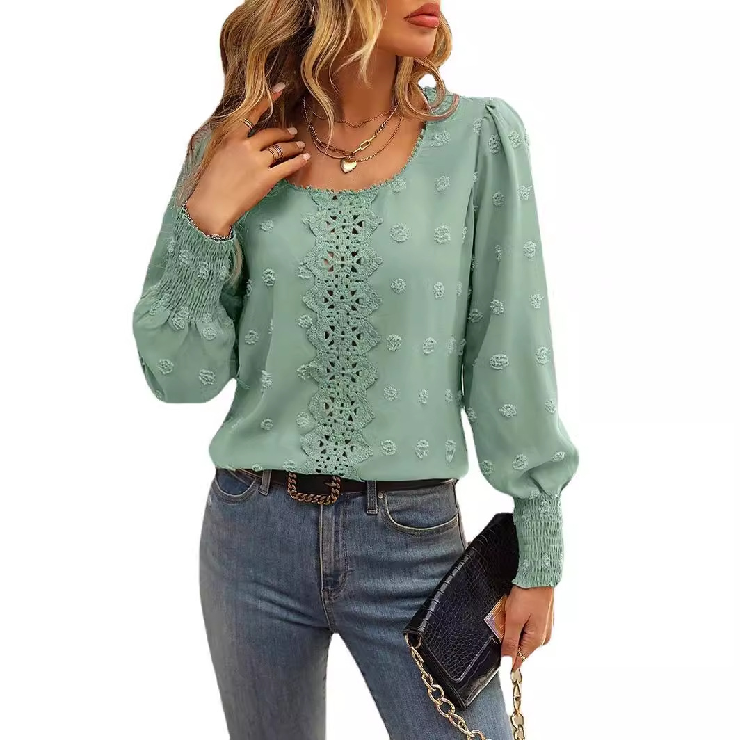 Comercio exterior transfronterizo ropa de mujer Amazon europeo y americano cuello redondo manga de soplo gran Polka Dot costura encaje pull temperamento camisa image 6