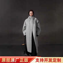 韩系毛呢大衣连帽设计中长款羊驼绒宽松大衣女双面羊毛外套秋冬