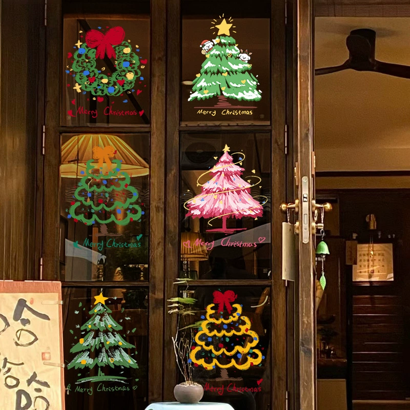 2025 рождественские украшения рождественская елка электростатическая стеклянная дверная наклейка новогодняя сцена магазина