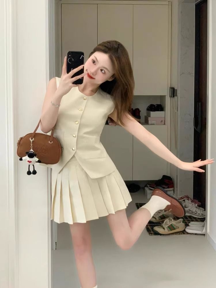 Tweed Style Suit Vest Women's Design Niche Sleeveless Vest Top Pleated Skirt Two-Piece Suit Summer