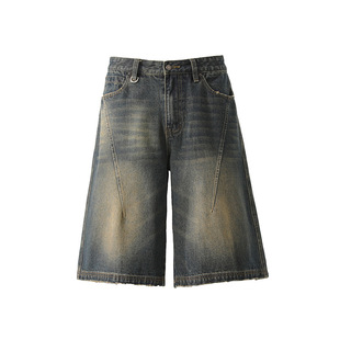 Forn3 2025 Summer New Street Washed Distressed Denim Shorts Men's Vibe Trendyy Loose Wide-Leg Three-Point