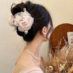 千金風優しい花真珠クリップ女性高級感後頭部サメクリップ盤髪髪髪クリップ髪飾り