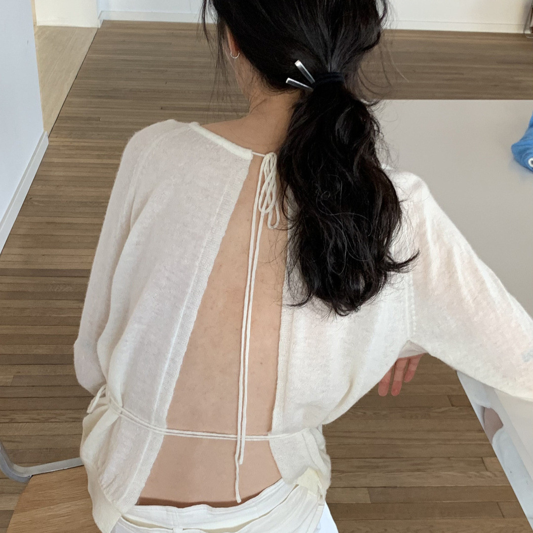 玟森online 十三行女装小众设计感后背镂针织衫女春套头上衣88215