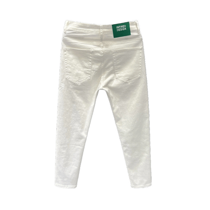High-End Casual Cropped White Pants for Men, Trendy Plus-Size Denim/Other Pants, Youthful Trendy Slim Fit