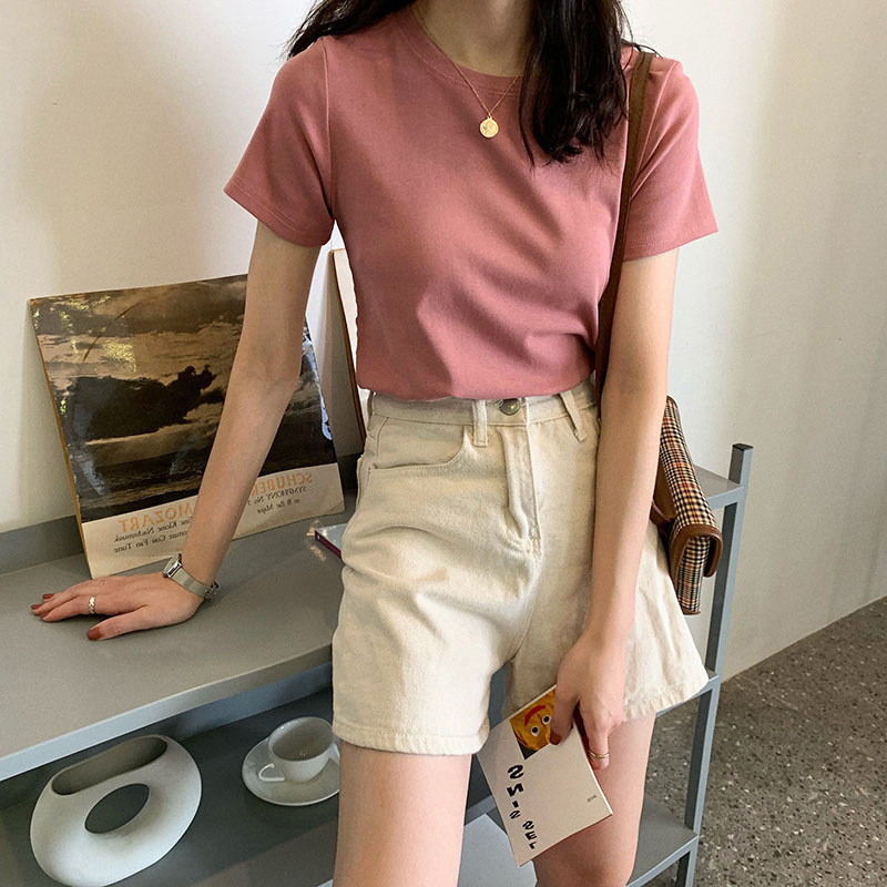 Women's New Summer 100 Cotton T-shirt Women's Solid Color Short-sleeved Round Neck Elegant Commuting All-match Slim-fit Women's Top Trendy