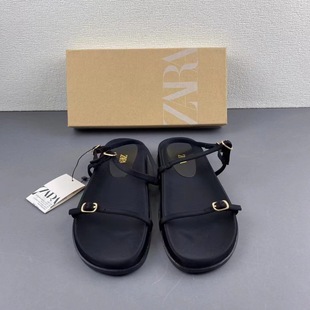 ZA2024 Autum New Square Toe Silks and Satins Fabric with Shallow Mouth Flats Bottom Casual Buckle Roman Sandals for Women
