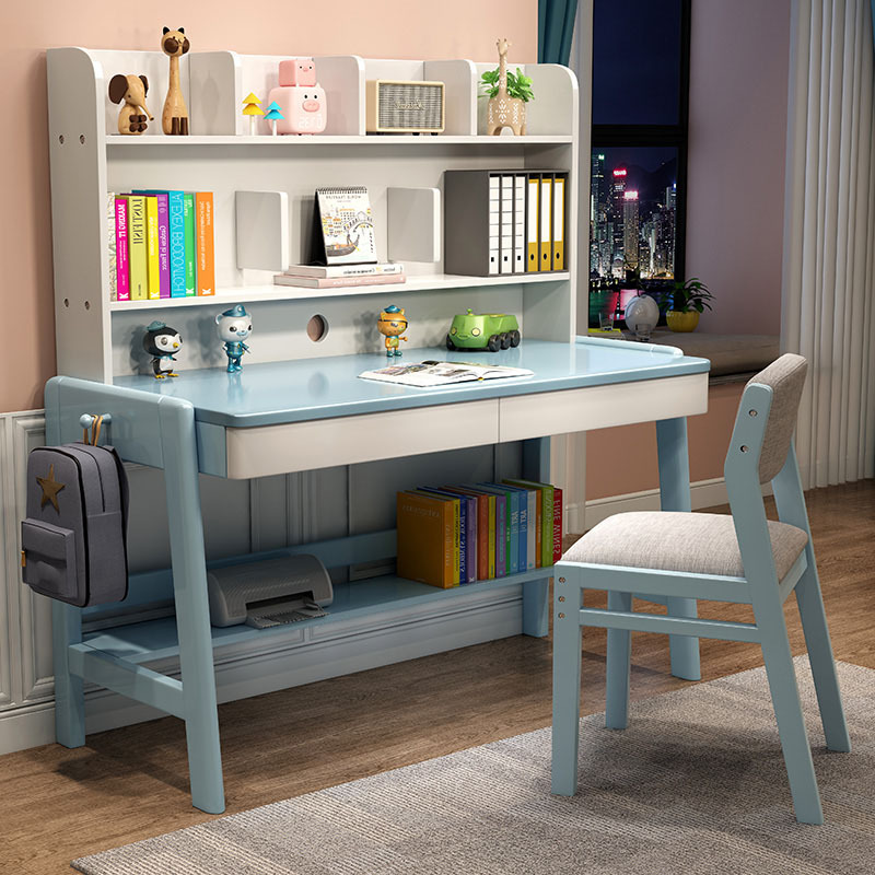 Adjustable Height Children's Desk Bookshelf Integrated Table for Primary and Middle School Students Writing Desk Solid Wood Study Desk Chair Set 