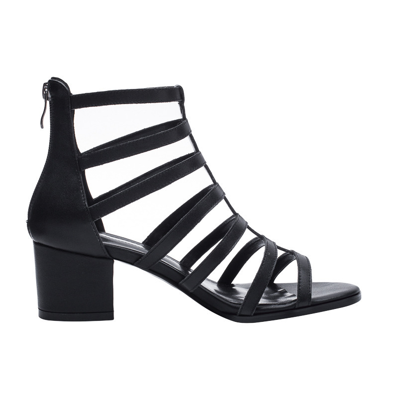 Sandal nữ cao gót siêu cao da bò kiểu La Mã cổ cao gót thô — Màu đen chi tiết 31